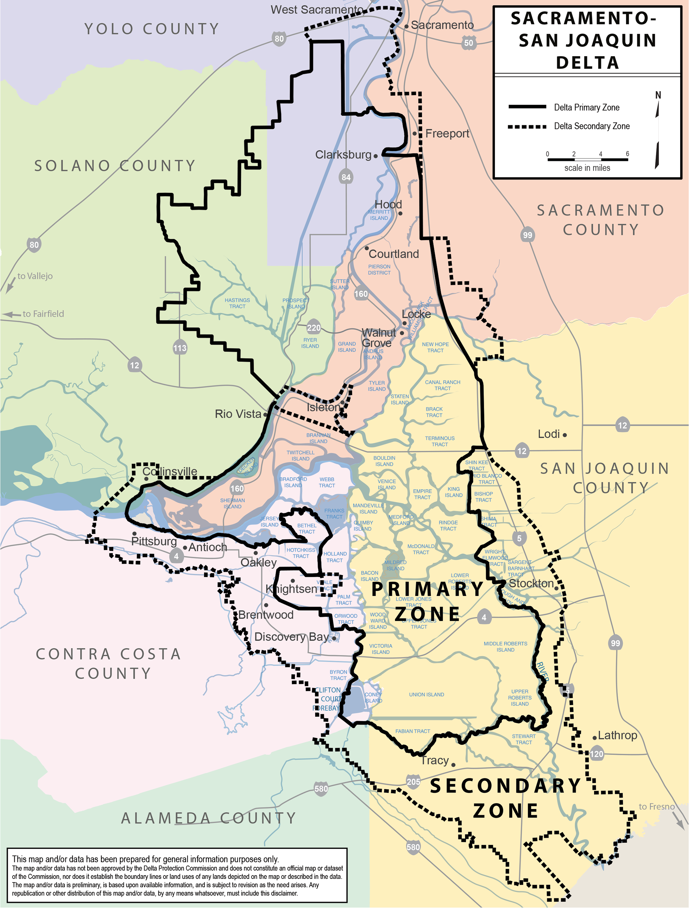 Sacramento-San Joaquin Delta Map including the boundary for the primary and secondary zones of the Delta. The counties shown are Solano, Contra Costa, San Joaquin, Yolo, Sacramento, and Alameda.